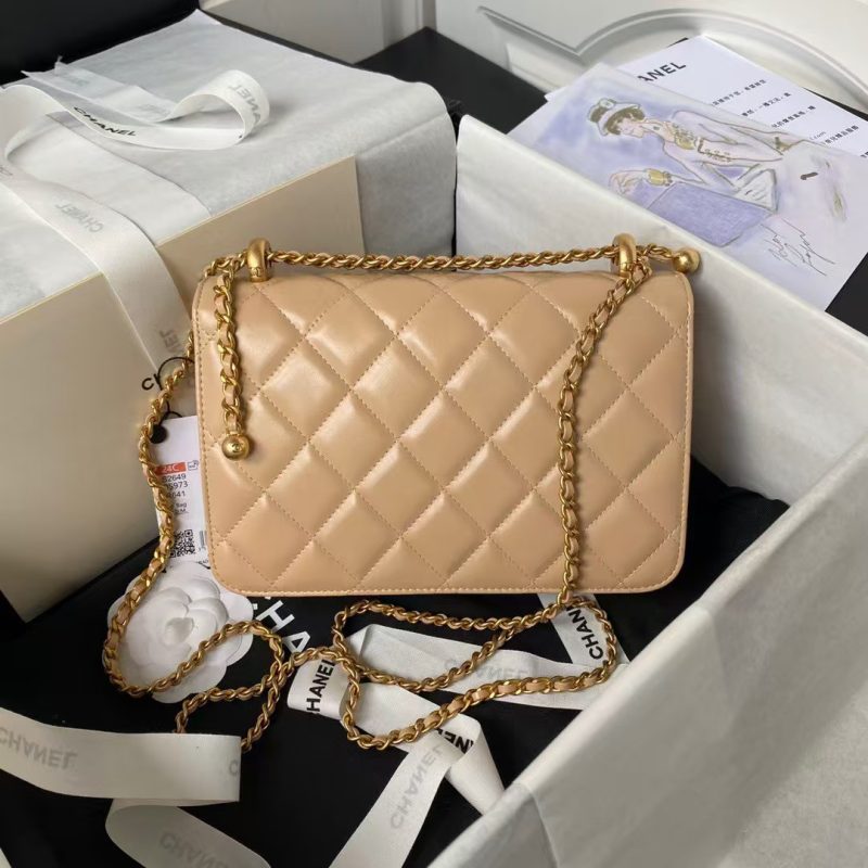 Chanel AS2649 Chain Bag With Gold Charm Small Vintage Calfskin Bag Beige - Image 2