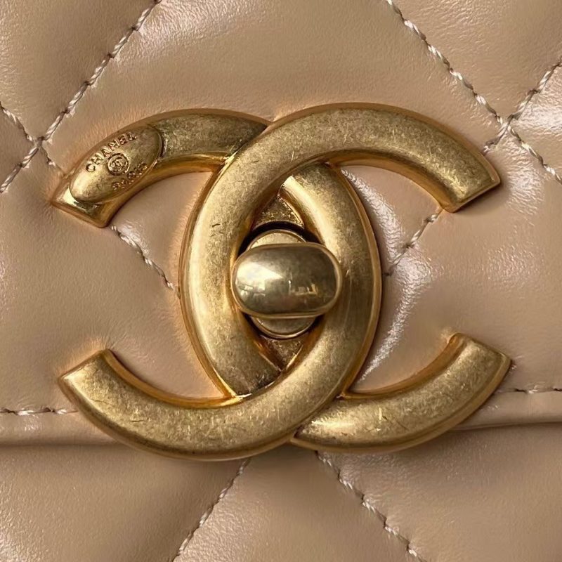 Chanel AS2649 Chain Bag With Gold Charm Small Vintage Calfskin Bag Beige - Image 3