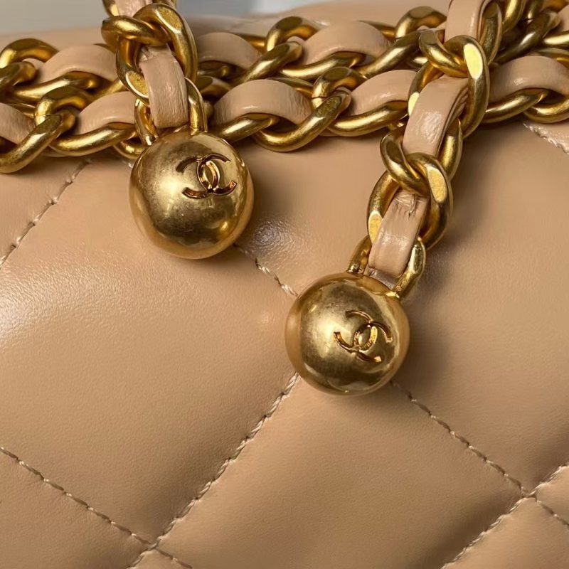 Chanel AS2649 Chain Bag With Gold Charm Small Vintage Calfskin Bag Beige - Image 6