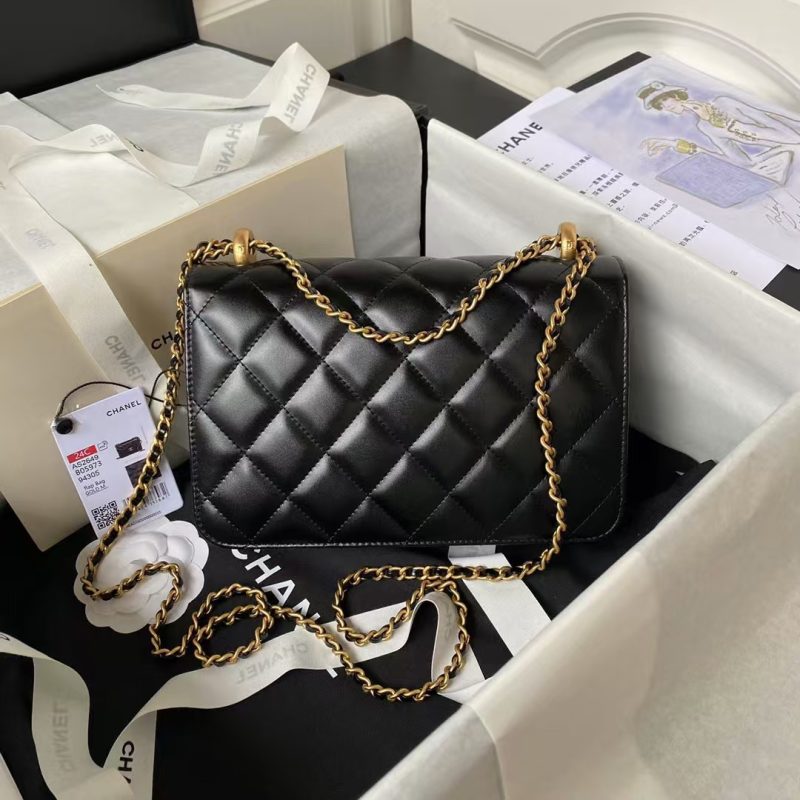 Chanel AS2649 Chain Bag With Gold Charm Small Vintage Calfskin Bag Black - Image 2