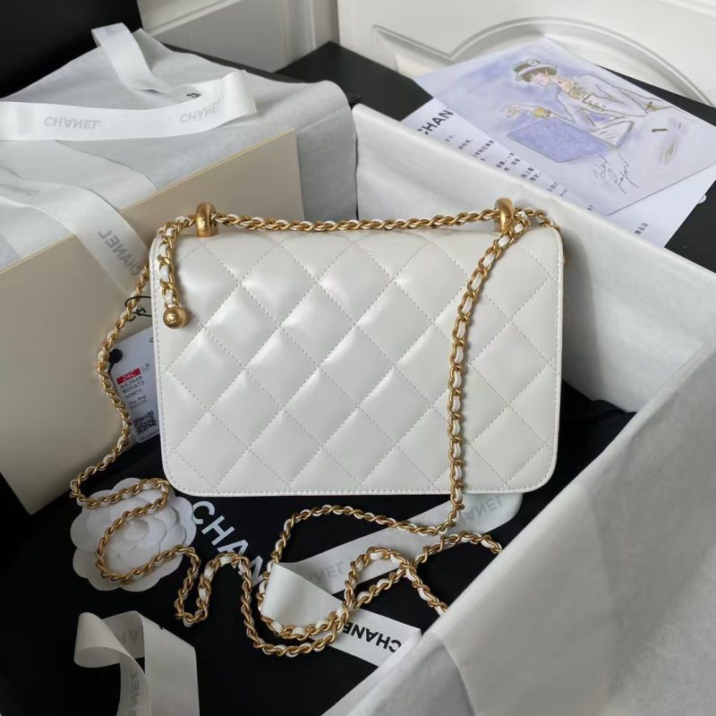 Chanel AS2649 Chain Bag With Gold Charm Small Vintage Calfskin Bag White - Image 2