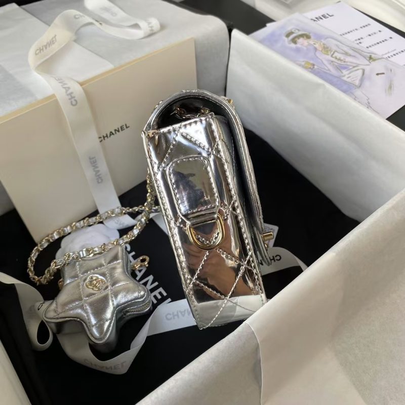 Chanel AS4647 Mini Flap Bag With Star Coin Purse Metallic Calfskin & Gold Metallic Silver - Image 6