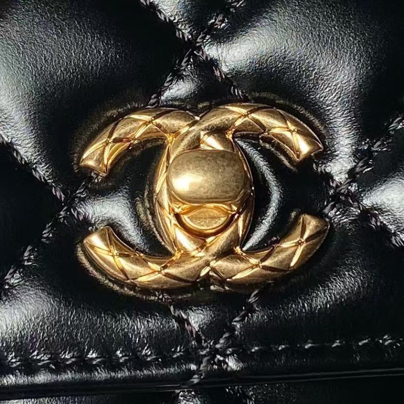 Chanel AS2215 Mini Flap Bag With Metal Top Handle Shiny Calfskin Black - Image 3