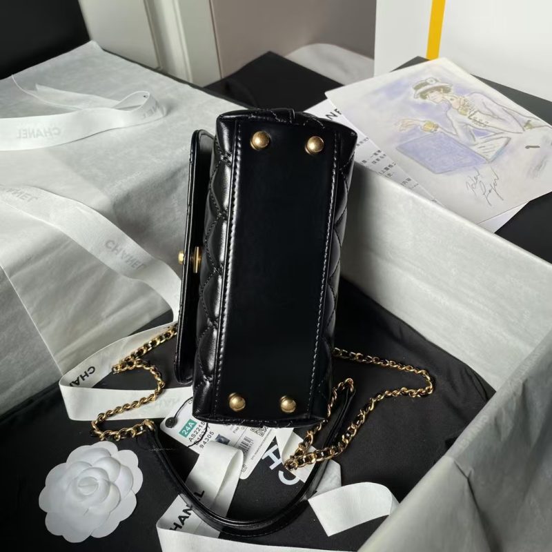 Chanel AS2215 Mini Flap Bag With Metal Top Handle Shiny Calfskin Black - Image 4