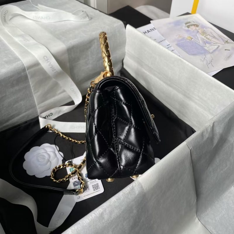 Chanel AS2215 Mini Flap Bag With Metal Top Handle Shiny Calfskin Black - Image 5