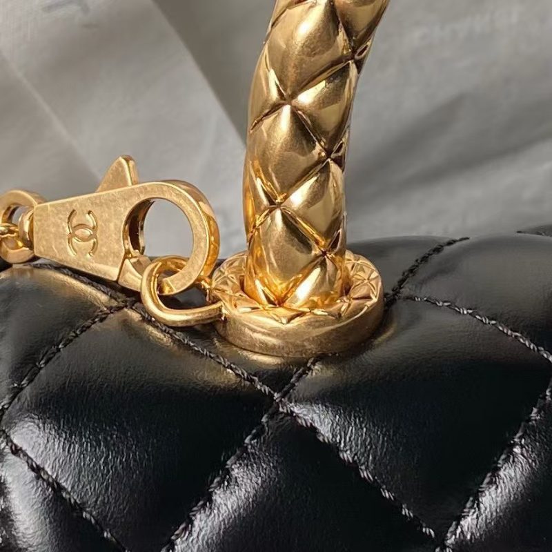 Chanel AS2215 Mini Flap Bag With Metal Top Handle Shiny Calfskin Black - Image 7