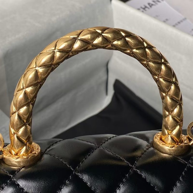 Chanel AS2215 Mini Flap Bag With Metal Top Handle Shiny Calfskin Black - Image 8
