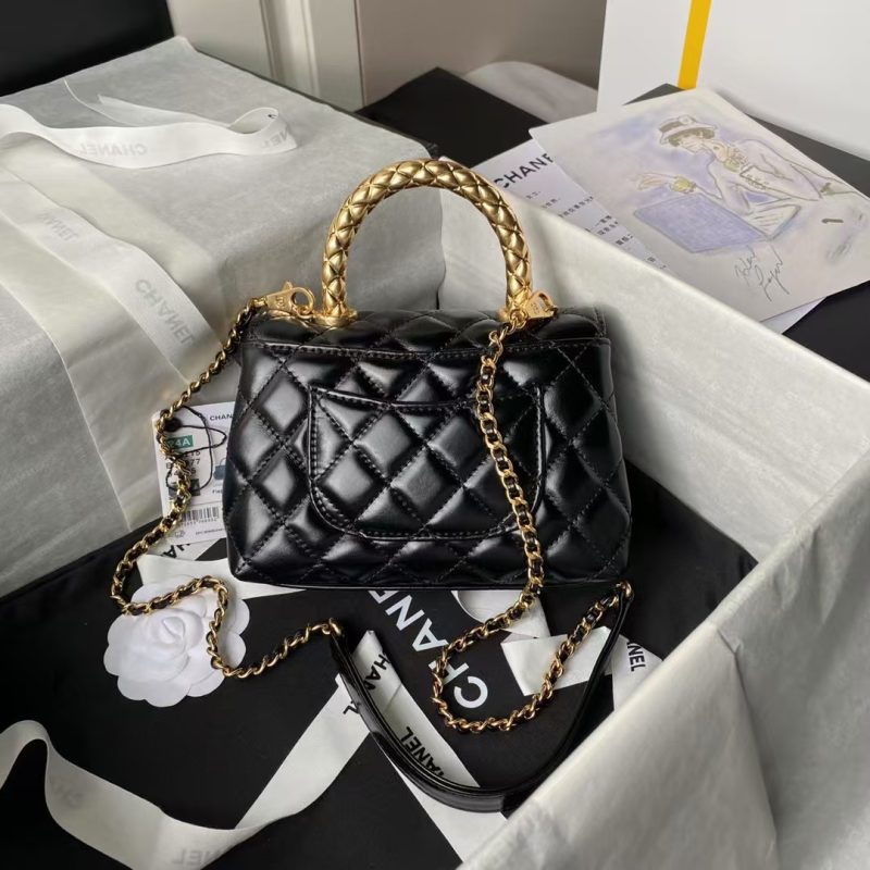 Chanel AS2215 Mini Flap Bag With Metal Top Handle Shiny Calfskin Black - Image 2