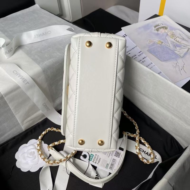 Chanel AS2215 Mini Flap Bag With Metal Top Handle Shiny Calfskin White - Image 4