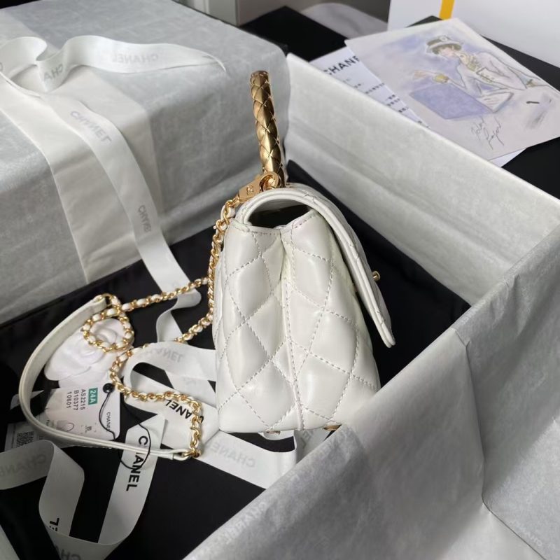 Chanel AS2215 Mini Flap Bag With Metal Top Handle Shiny Calfskin White - Image 6