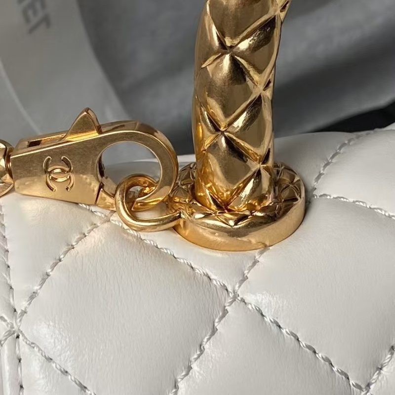 Chanel AS2215 Mini Flap Bag With Metal Top Handle Shiny Calfskin White - Image 5