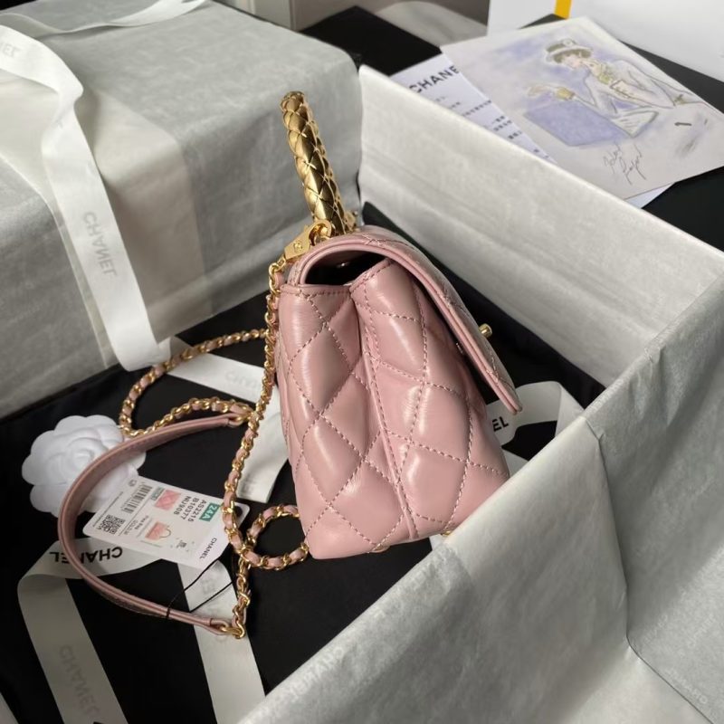 Chanel AS2215 Mini Flap Bag With Metal Top Handle Shiny Calfskin Pink - Image 6