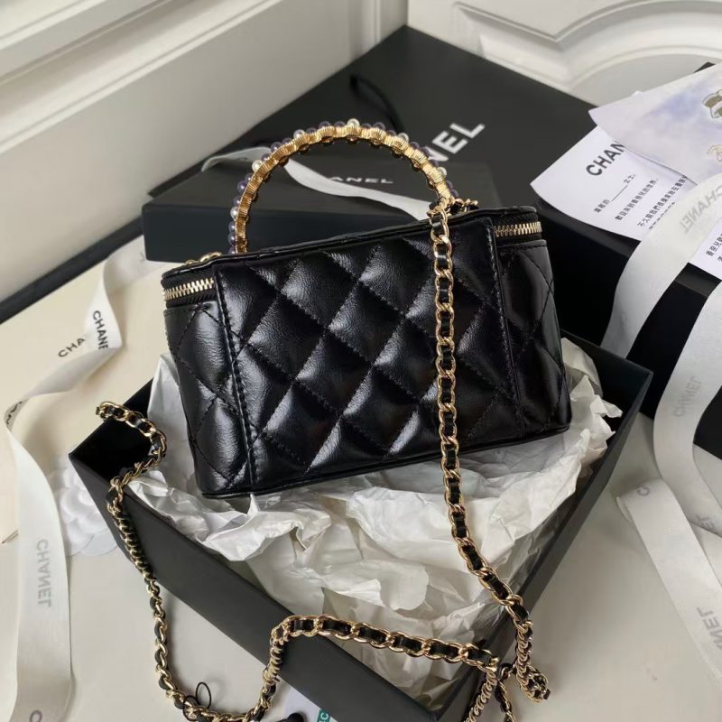 Chanel AP3804 Clutch Lambskin Cosmetic Bag With Pearl Handle Black - Image 2
