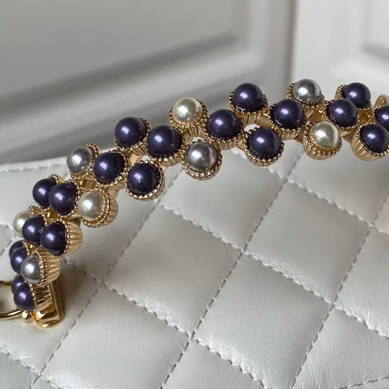 Chanel AP3804 Clutch Lambskin Cosmetic Bag With Pearl Handle White - Image 6