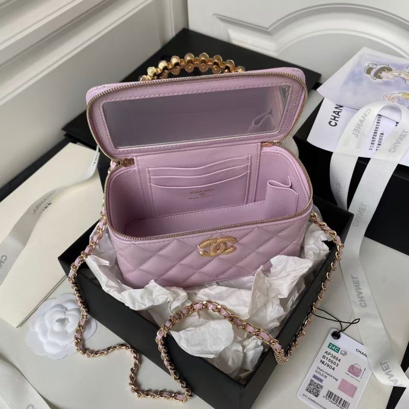 Chanel AP3804 Lambskin Cosmetic Bag With Pearl Handle Pink Purple - Image 4