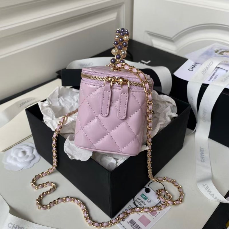Chanel AP3804 Lambskin Cosmetic Bag With Pearl Handle Pink Purple - Image 6