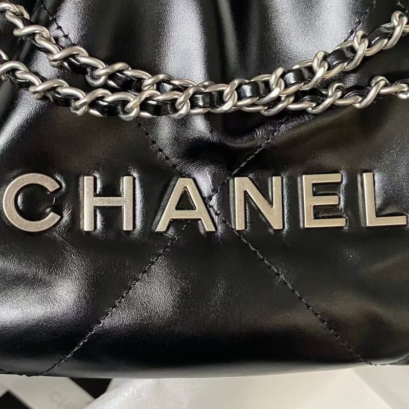 Chanel 22 AS3980 Mini Tote Bag Shiny Calfskin & Silver Metal Black - Image 5