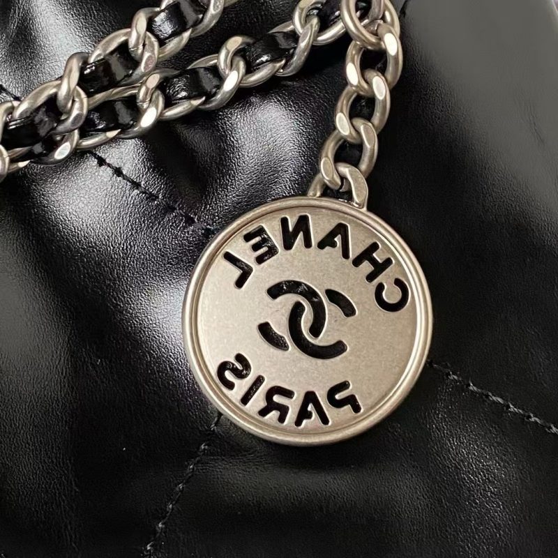 Chanel 22 AS3980 Mini Tote Bag Shiny Calfskin & Silver Metal Black - Image 6