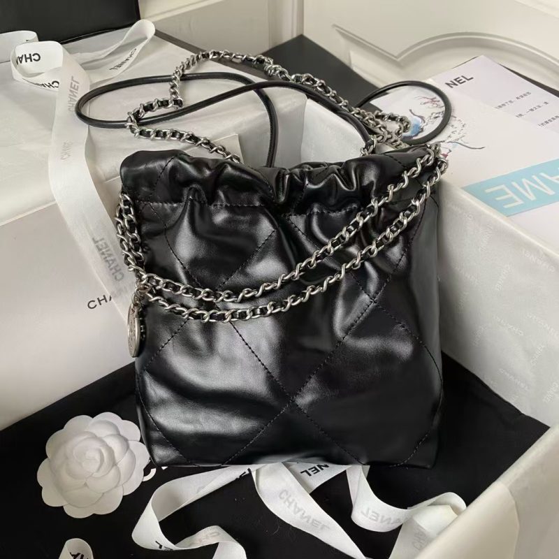 Chanel 22 AS3980 Mini Tote Bag Shiny Calfskin & Silver Metal Black - Image 2