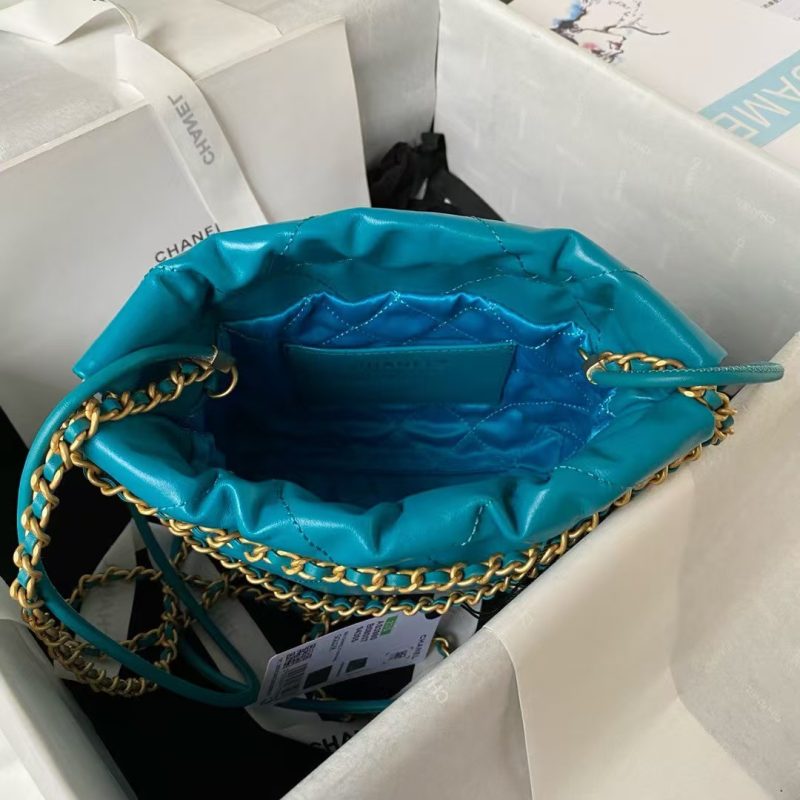 Chanel 22 AS3980 Mini Tote Shiny Calfskin & Gold-Tone Metal Lake Blue - Image 4