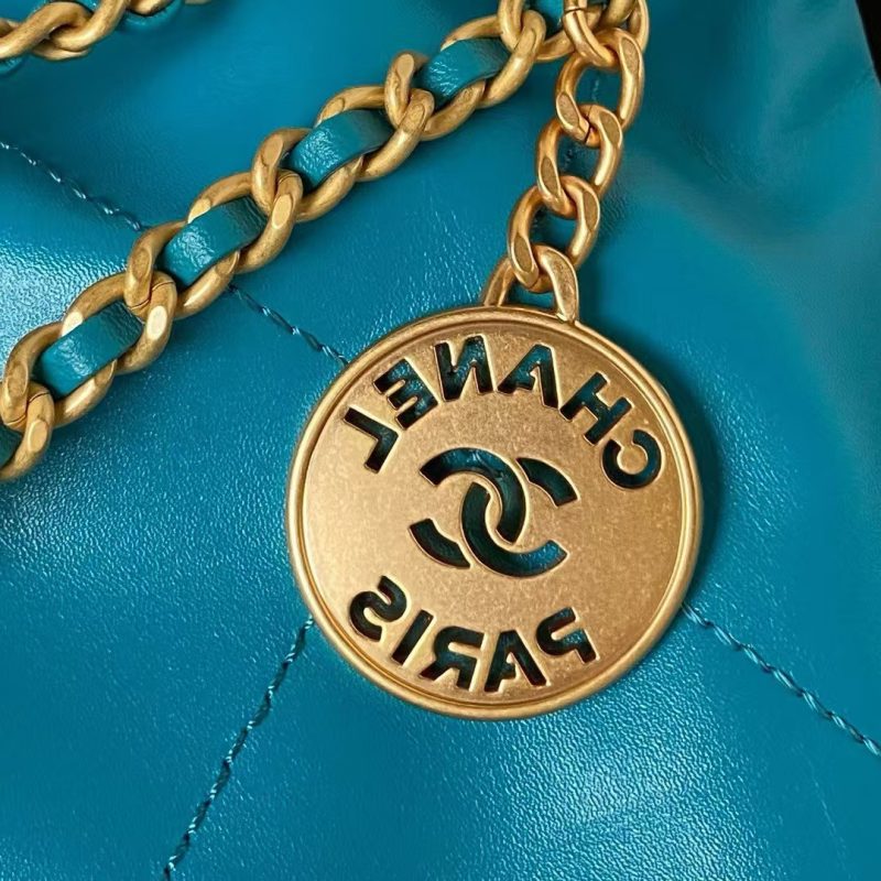 Chanel 22 AS3980 Mini Tote Shiny Calfskin & Gold-Tone Metal Lake Blue - Image 5