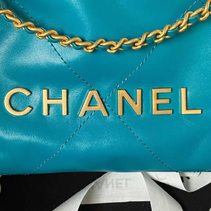 Chanel 22 AS3980 Mini Tote Shiny Calfskin & Gold-Tone Metal Lake Blue - Image 6