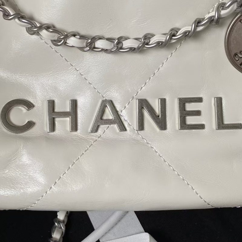 Chanel 22 AS3980 Mini Tote Shiny Calfskin & Silver-Tone Metal White - Image 5