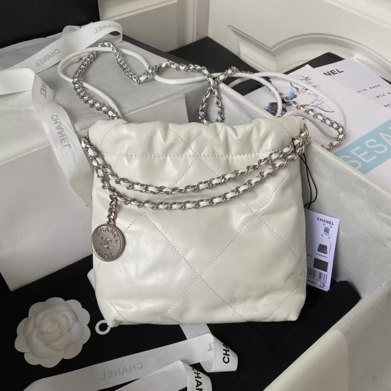 Chanel 22 AS3980 Mini Tote Shiny Calfskin & Silver-Tone Metal White - Image 2