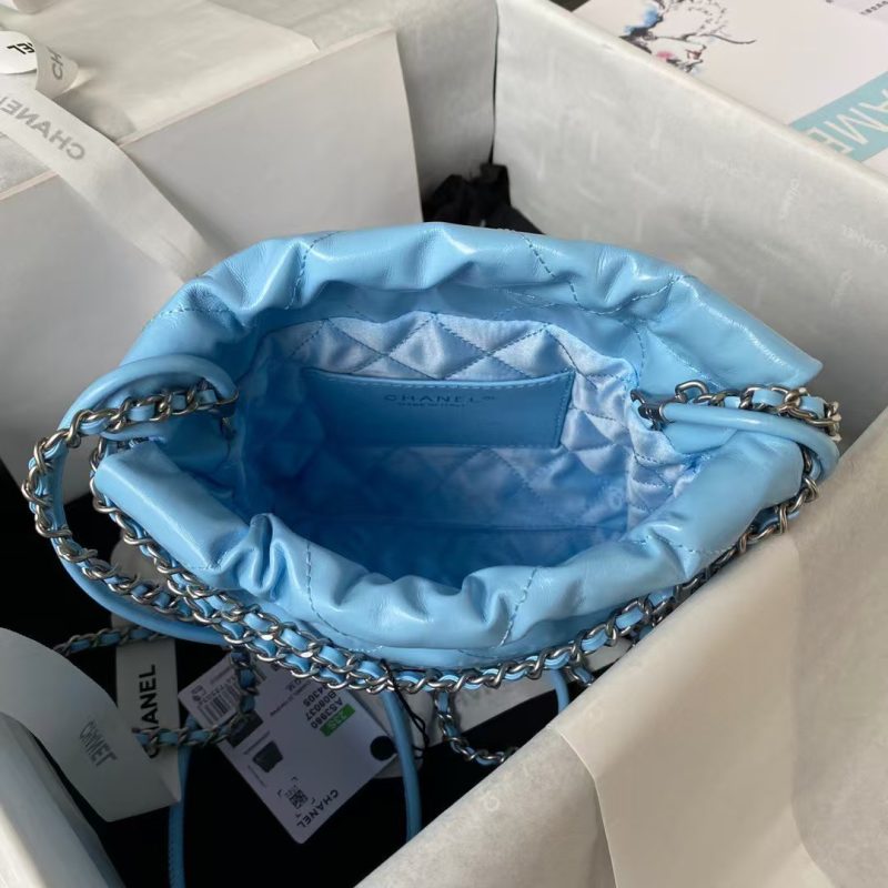 Chanel 22 AS3980 Mini Tote Shiny Calfskin & Silver-Tone Metal Sky Blue - Image 5