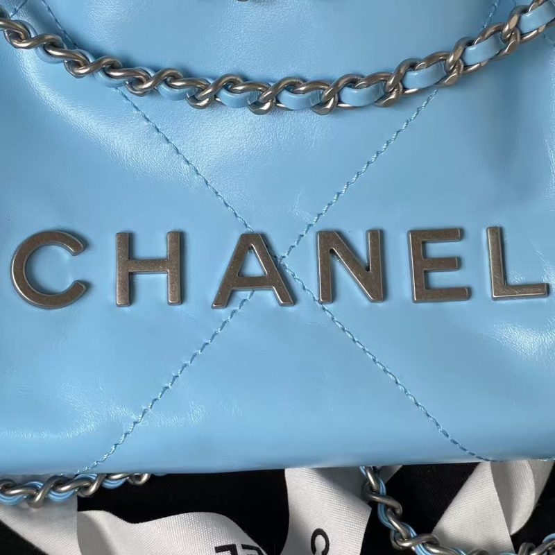 Chanel 22 AS3980 Mini Tote Shiny Calfskin & Silver-Tone Metal Sky Blue - Image 3