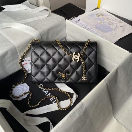 Chanel AS4967 Small Flap Bag Shiny Lambskin Enamel & Gold Metal Black