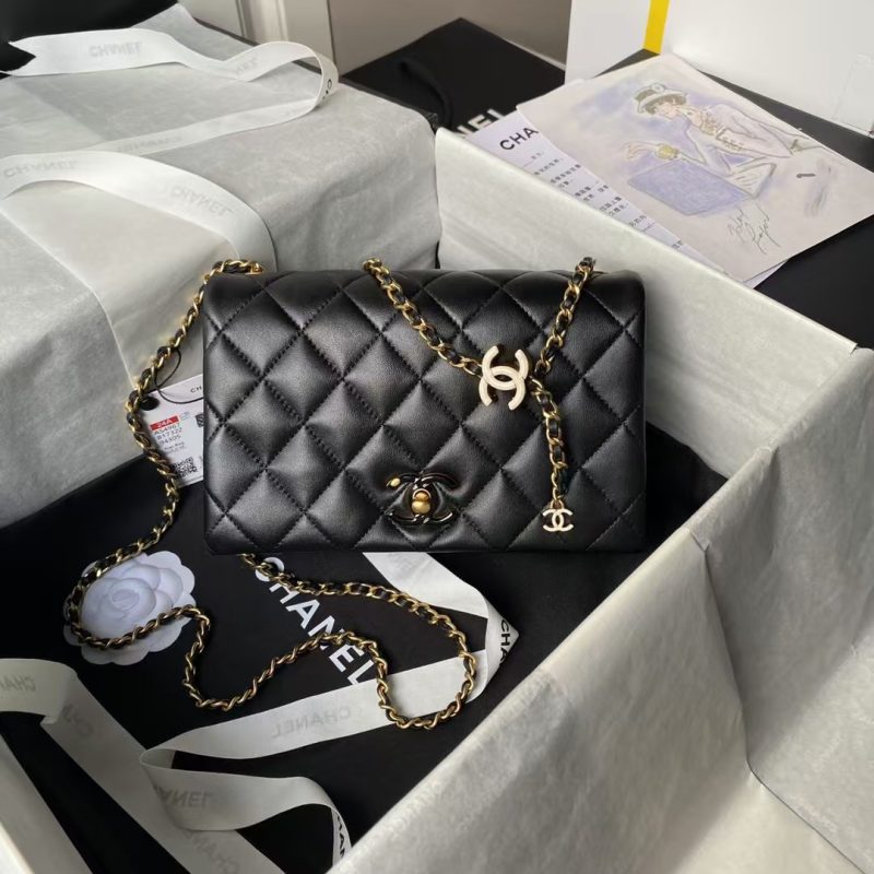 Chanel AS4967 Small Flap Bag Shiny Lambskin Enamel & Gold Metal Black