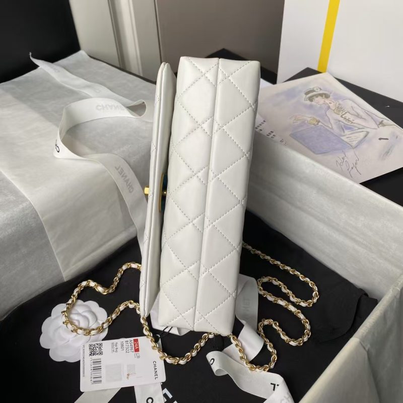Chanel AS4967 Small Flap Bag Shiny Lambskin Enamel & Gold Metal White - Image 4