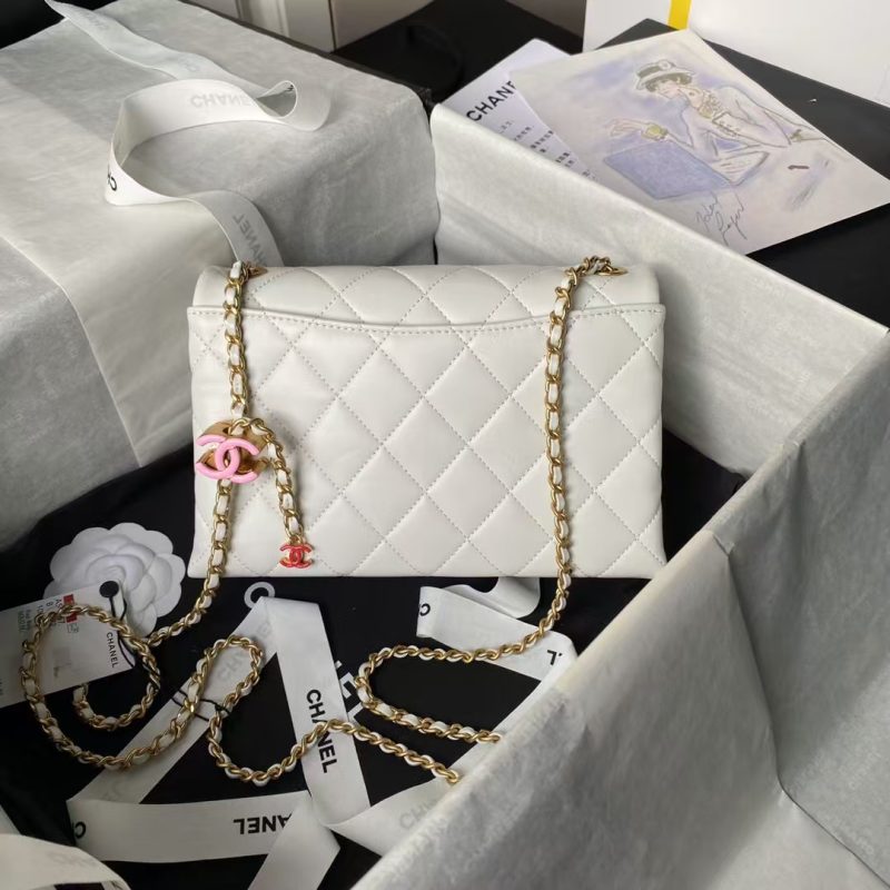 Chanel AS4967 Small Flap Bag Shiny Lambskin Enamel & Gold Metal White - Image 2