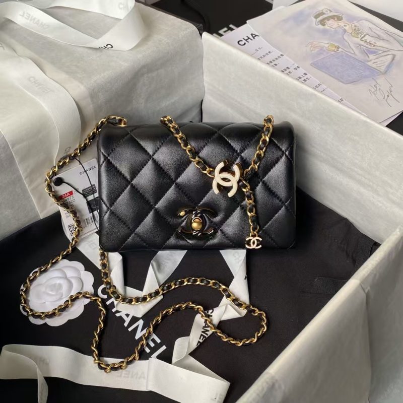 Chanel AS4973 Mini Flap Bag Shiny Lambskin Enamel & Gold Metal Black