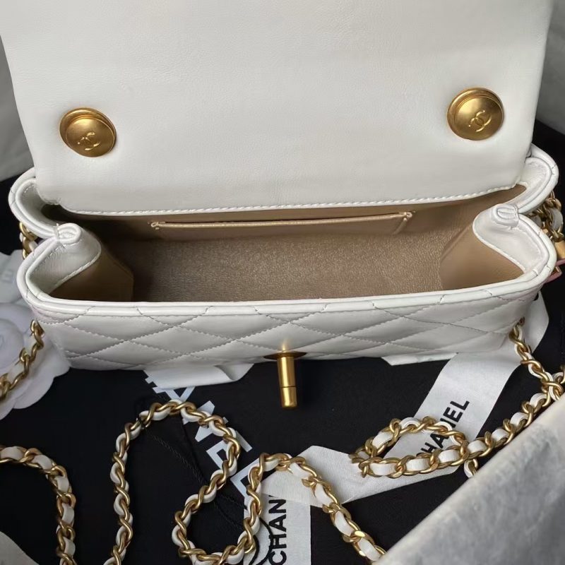 Chanel AS4973 Mini Flap Bag Shiny Lambskin Enamel & Gold-Tone Metal White - Image 7