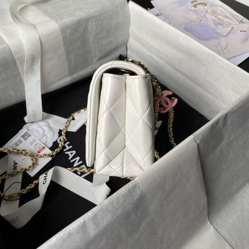 Chanel AS4973 Mini Flap Bag Shiny Lambskin Enamel & Gold-Tone Metal White - Image 4