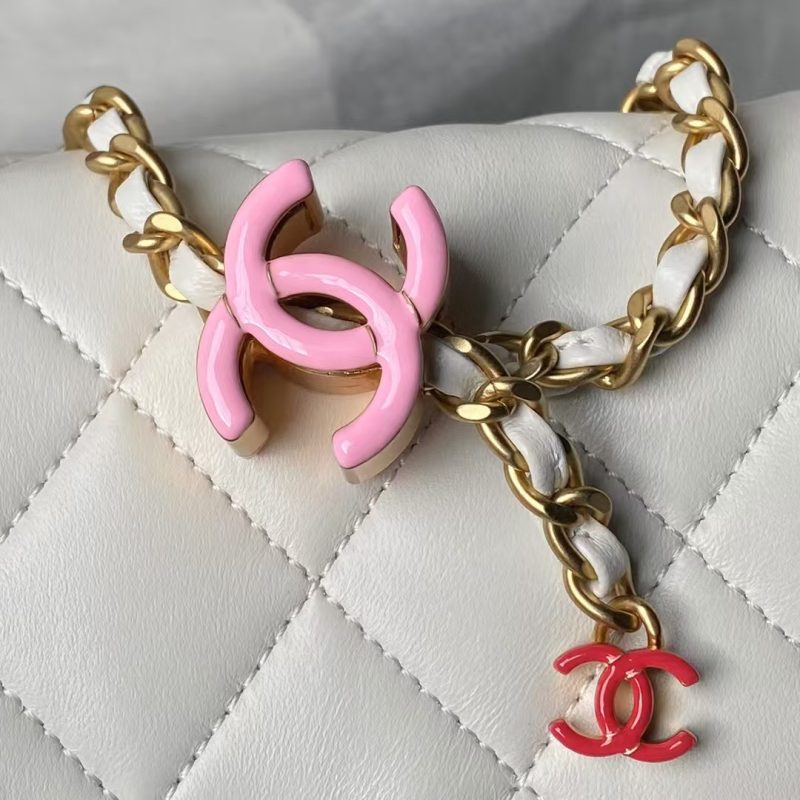 Chanel AS4973 Mini Flap Bag Shiny Lambskin Enamel & Gold-Tone Metal White - Image 6