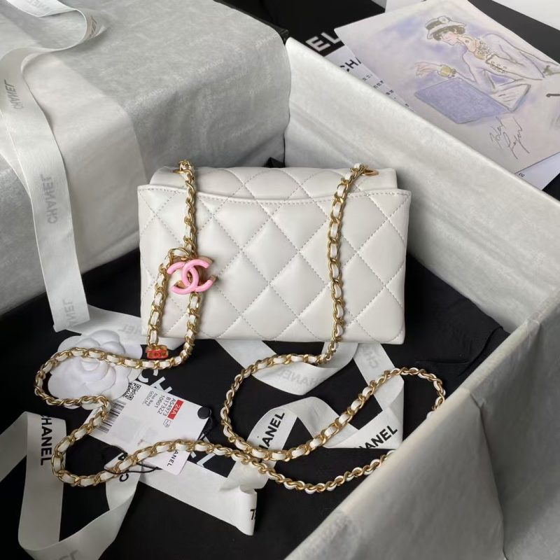 Chanel AS4973 Mini Flap Bag Shiny Lambskin Enamel & Gold-Tone Metal White - Image 2