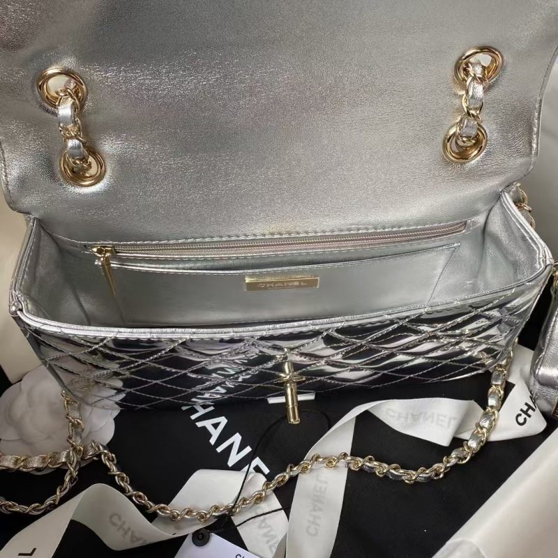 Chanel AS4648 Flap Bag Star Coin Purse Mirrored Calfskin Metallic Calfskin & Gold Metallic Silver - Image 8
