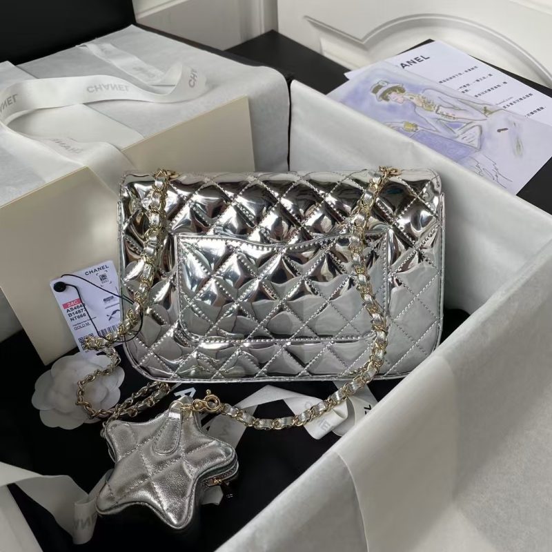 Chanel AS4648 Flap Bag Star Coin Purse Mirrored Calfskin Metallic Calfskin & Gold Metallic Silver - Image 2
