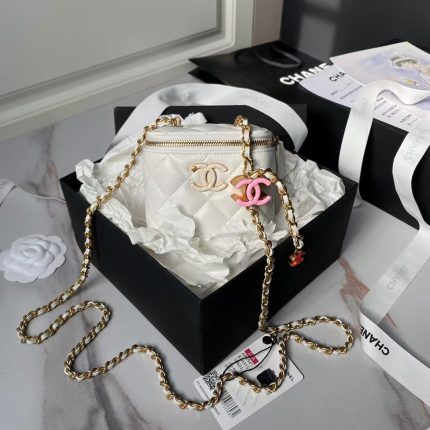 Chanel AP3941 Mini Vanity Case Lambskin Enamel & Gold-Tone Metal White