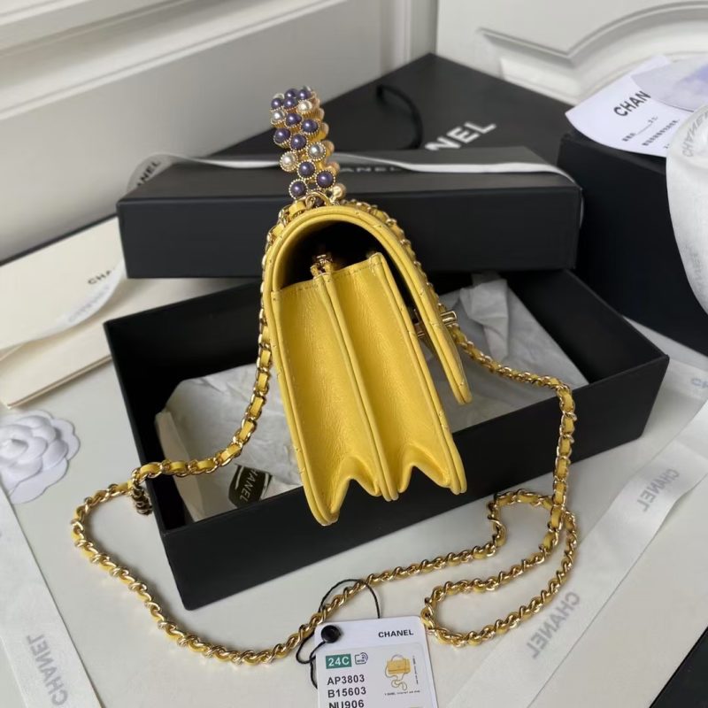 Chanel 24P AP3803 Shiny Crinkled Lambskin Chain Clutch Pearl Handle Yellow - Image 5