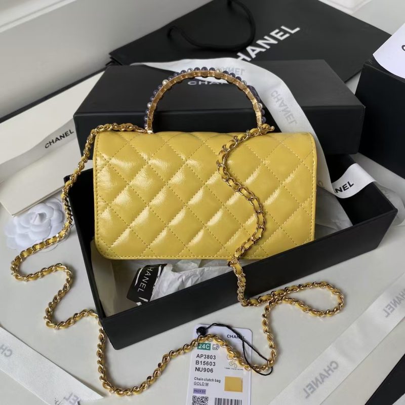 Chanel 24P AP3803 Shiny Crinkled Lambskin Chain Clutch Pearl Handle Yellow - Image 2