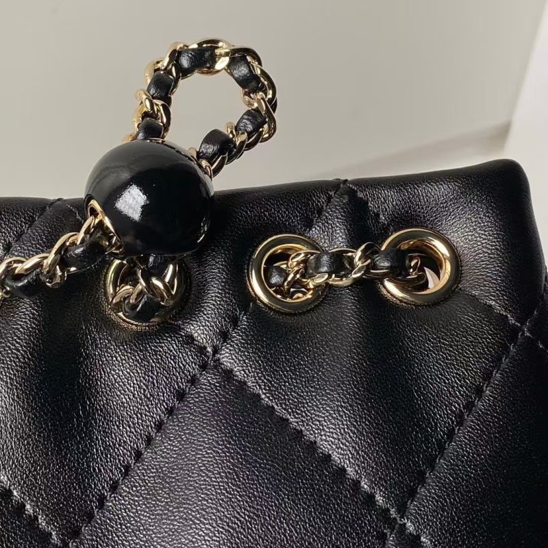 Chanel 24S AS4810 Medium CC Drawstring Backpack Shiny Lambskin Light Gold Hardware Black - Image 4