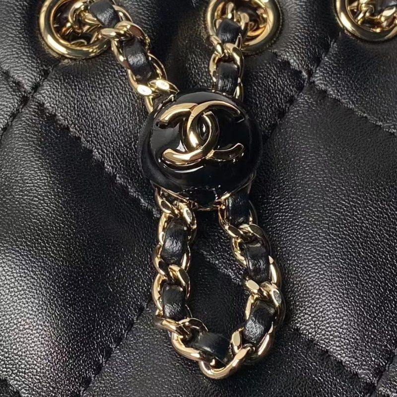 Chanel 24S AS4810 Medium CC Drawstring Backpack Shiny Lambskin Light Gold Hardware Black - Image 8
