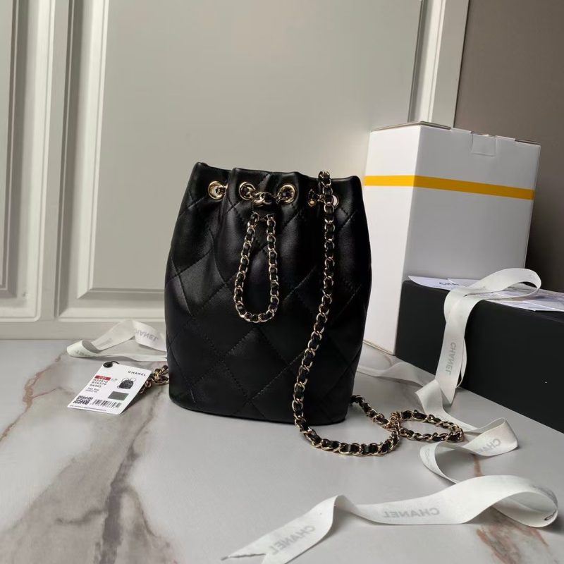 Chanel 24S AS4810 Medium CC Drawstring Backpack Shiny Lambskin Light Gold Hardware Black