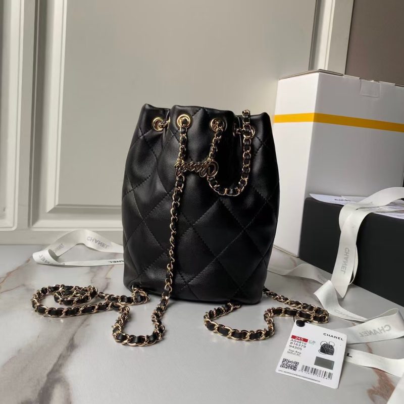 Chanel 24S AS4810 Medium CC Drawstring Backpack Shiny Lambskin Light Gold Hardware Black - Image 2