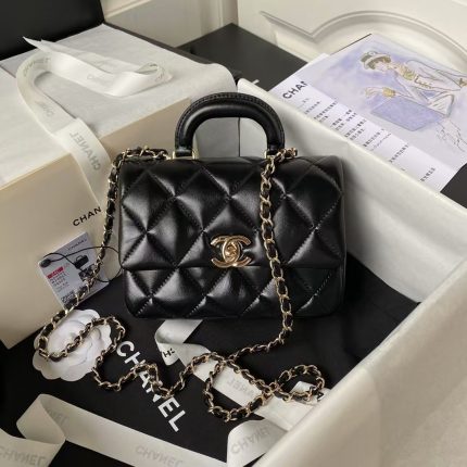 Chanel 24C AS4543 Mini Flap Bag Chain Bag Top Handle Black Lambskin