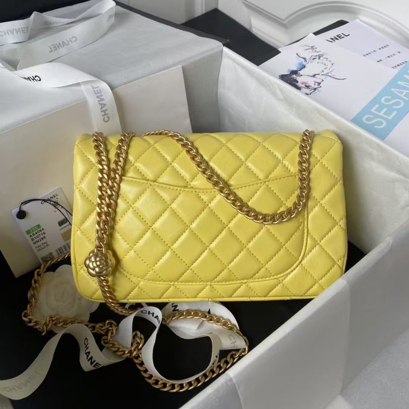 Chanel 23S AS4064 Camellia Embossed Chain Lambskin Flap Bag Yellow - Image 2